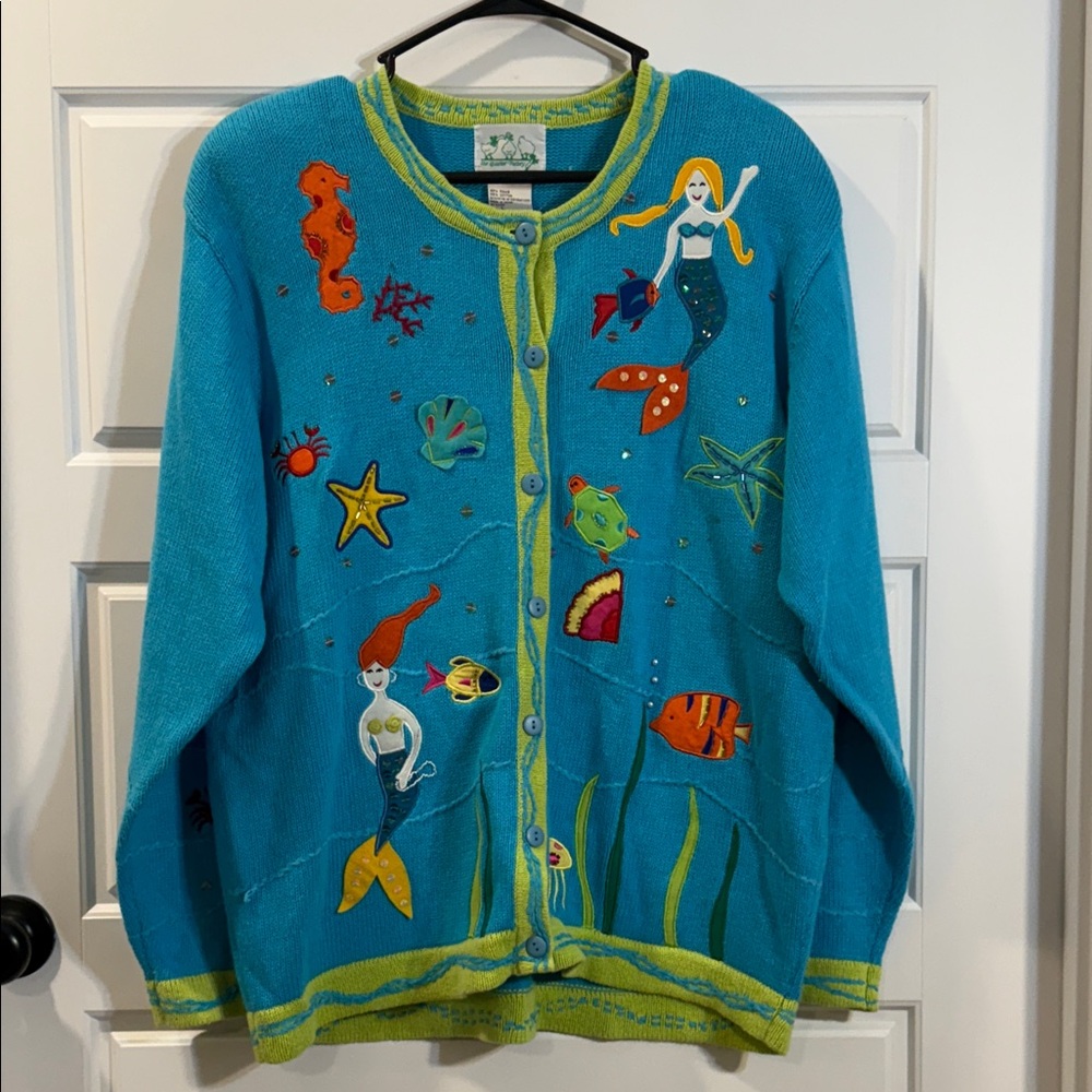 Vintage Quacker Factory Mermaid Ocean Fish Clam Beaded Long Sleeve Sweater large